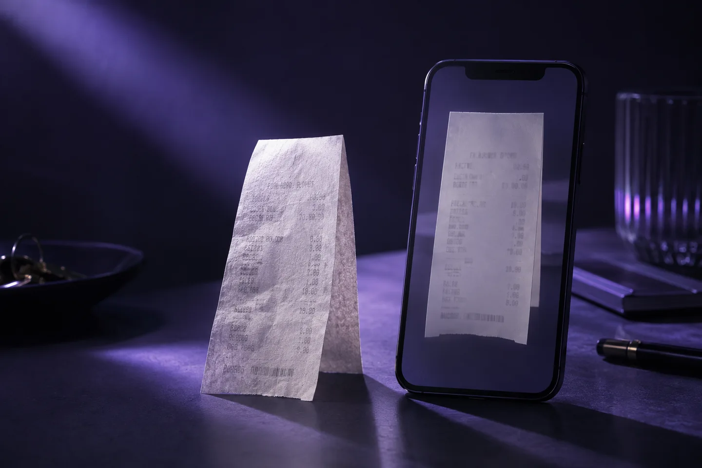 A paper receipt beside its digital counterpart on a phone.