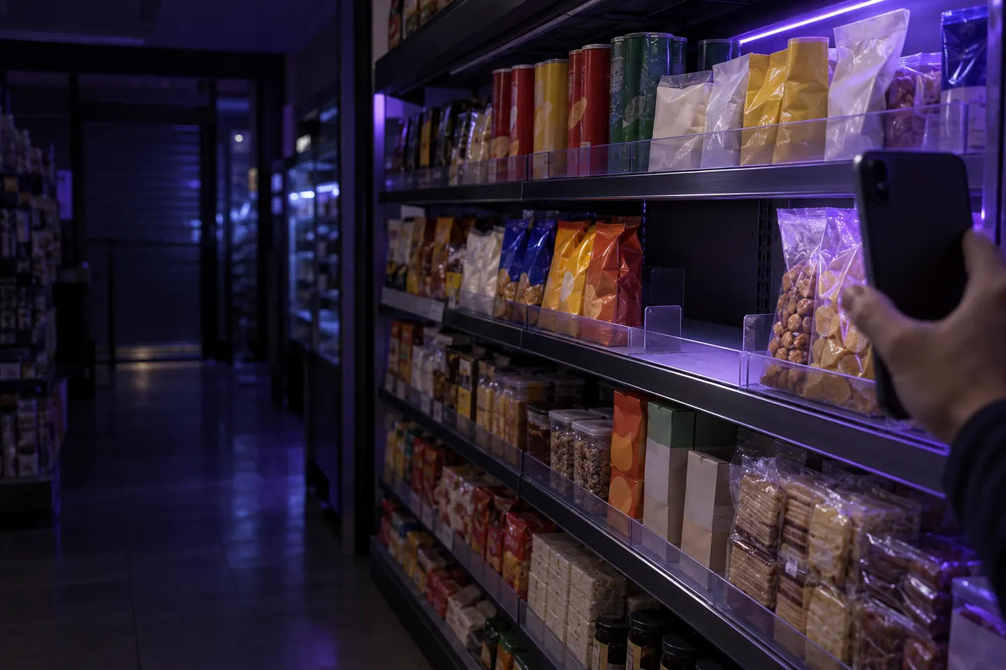 A hand holding a phone toward a convenience-store shelf with neat product facings and one empty gap under violet light.