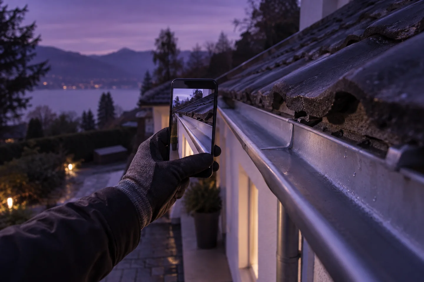 A phone documenting a cleared residential gutter.