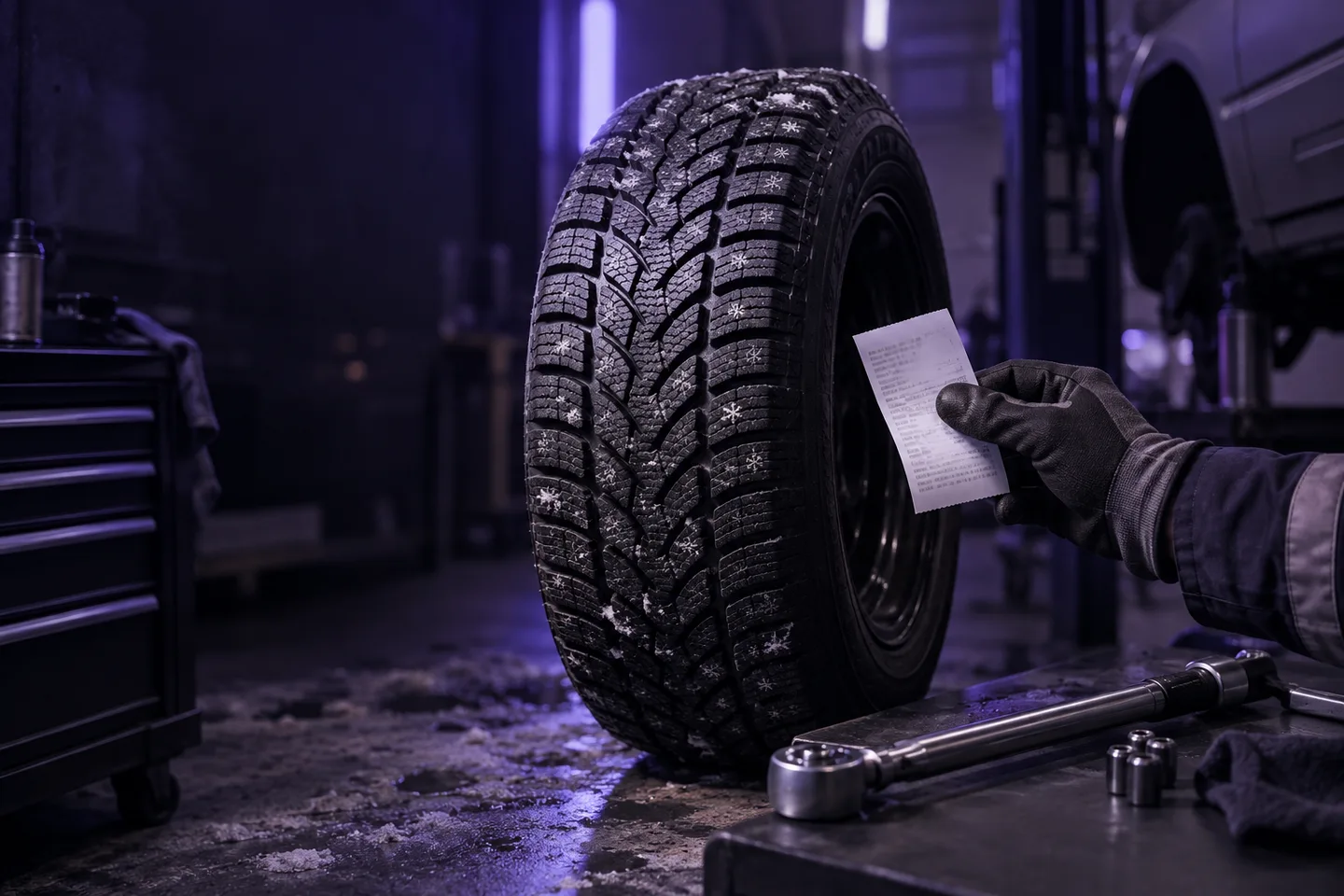 A winter tyre and service receipt documenting preventive maintenance.