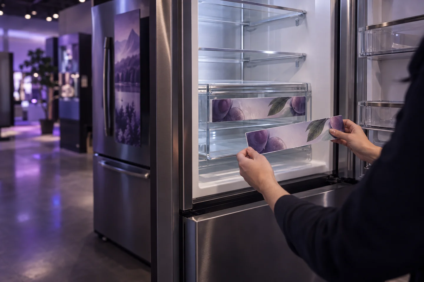A merchandiser comparing promotional feature strips with their placement inside a showroom refrigerator.