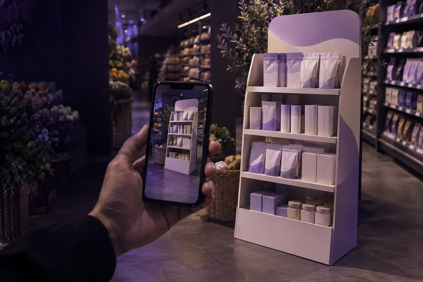 A phone recording a promotional display installation in a store.