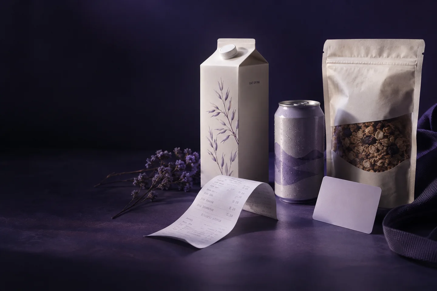 Grocery products, a shopping receipt, and a loyalty card.