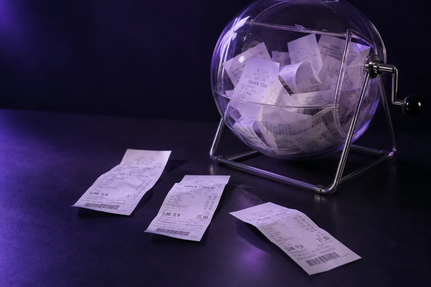 Thermal receipts in a glass lottery drum under violet light.
