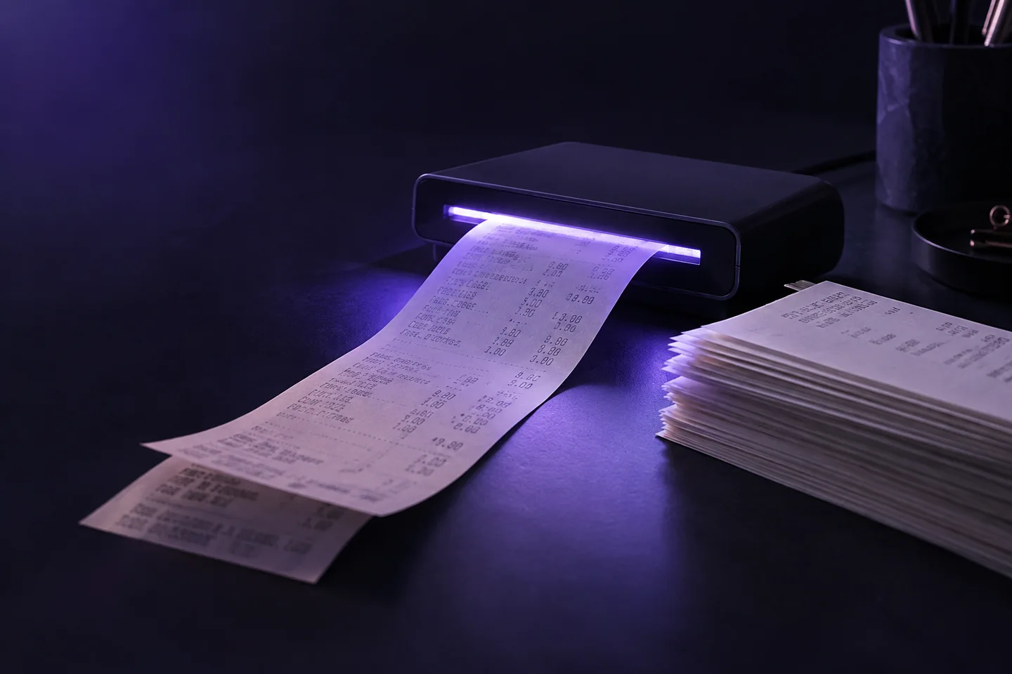 A thermal receipt passing through an illuminated scanner.