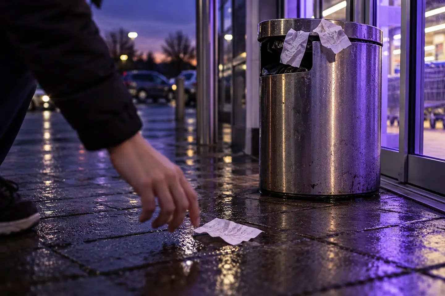 A hand reaching toward a discarded receipt on wet paving beside a supermarket litter bin under violet light.