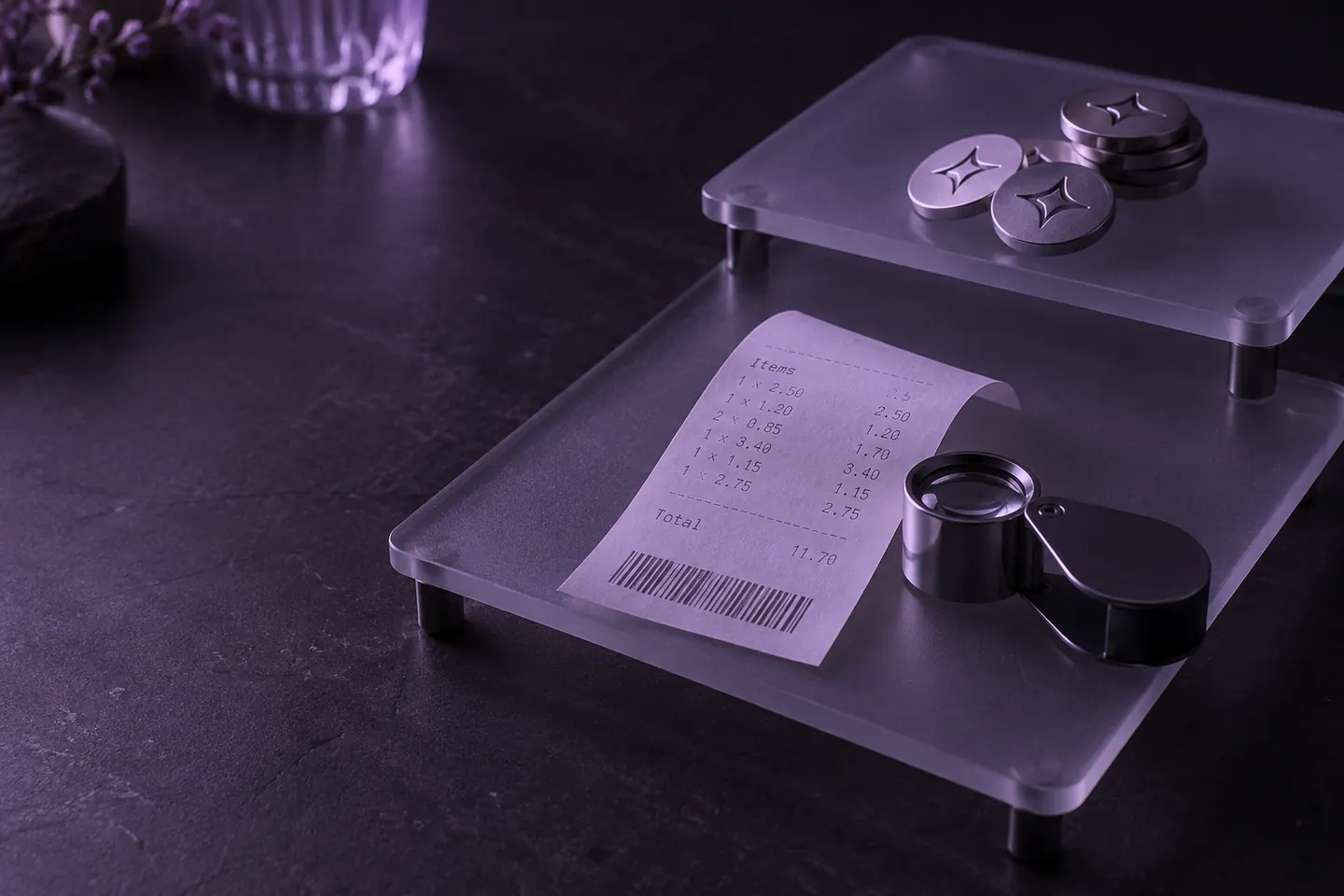 Two stacked glass trays: a receipt under a loupe below, reward tokens above.