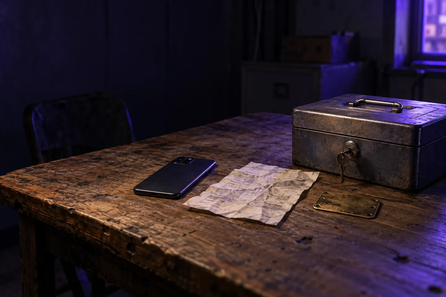 A face-down phone, creased invoice, and brass serial plate beside a closed cash box with a key under violet light.
