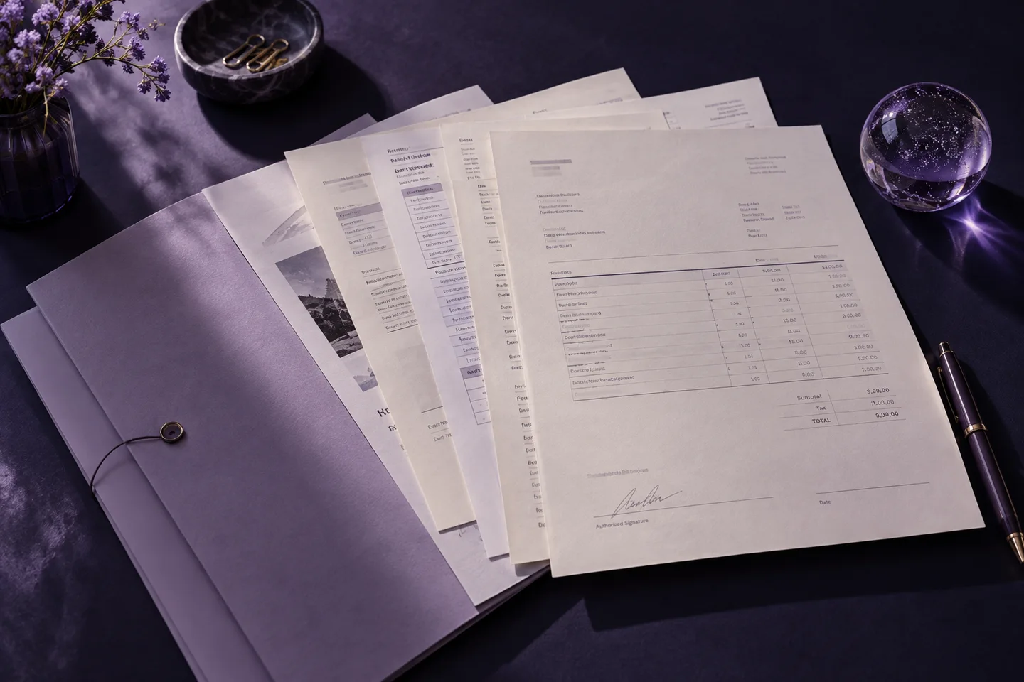 Business documents organized for structured data extraction.