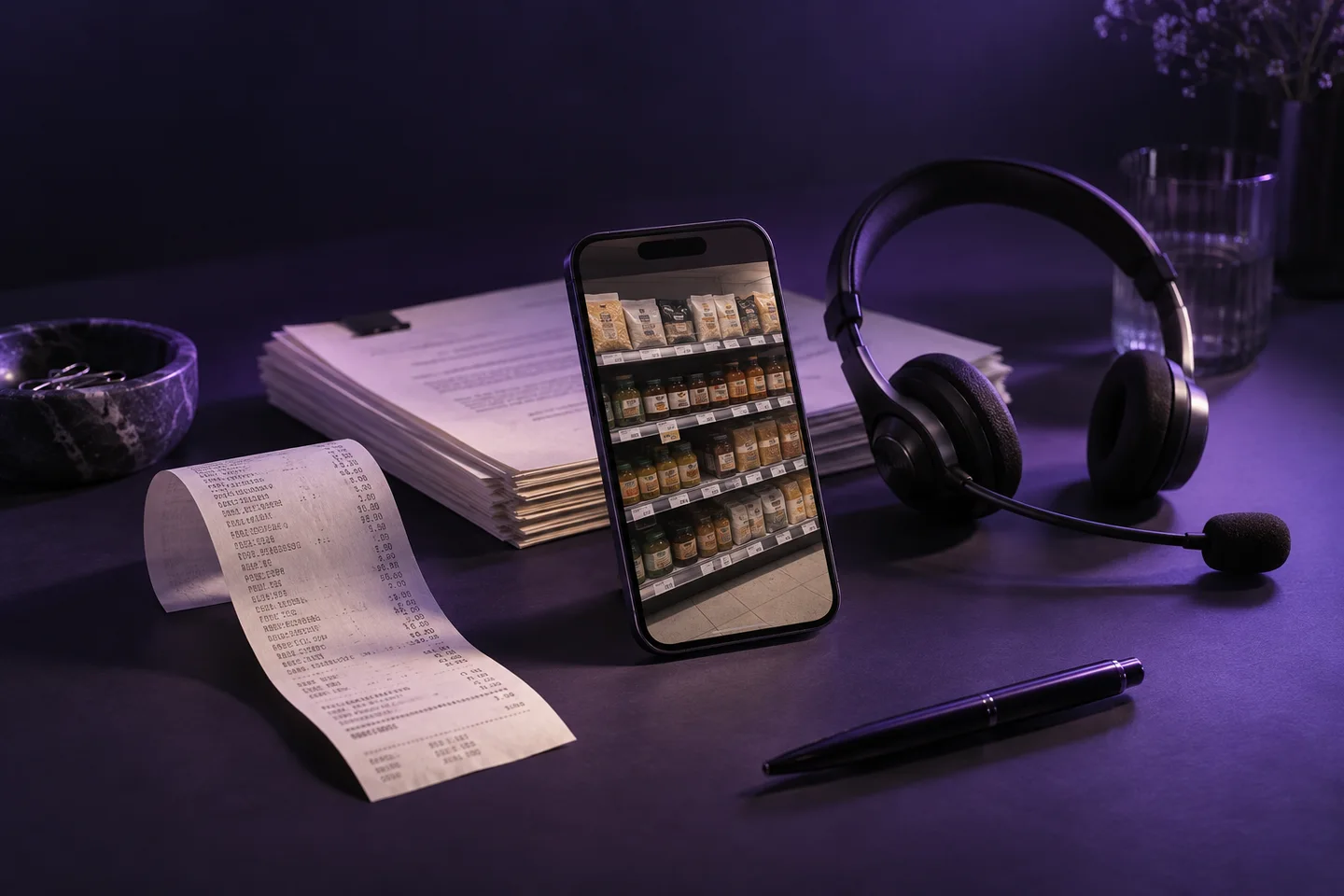 Receipts, documents, a headset, and a phone representing the evidence Steve processes.
