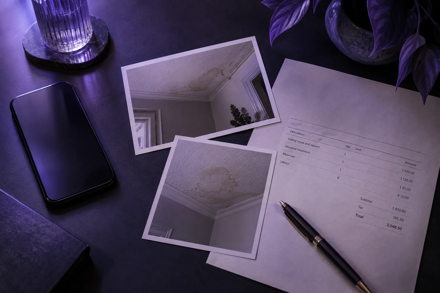 Repair photographs and an invoice documenting an insurance claim.