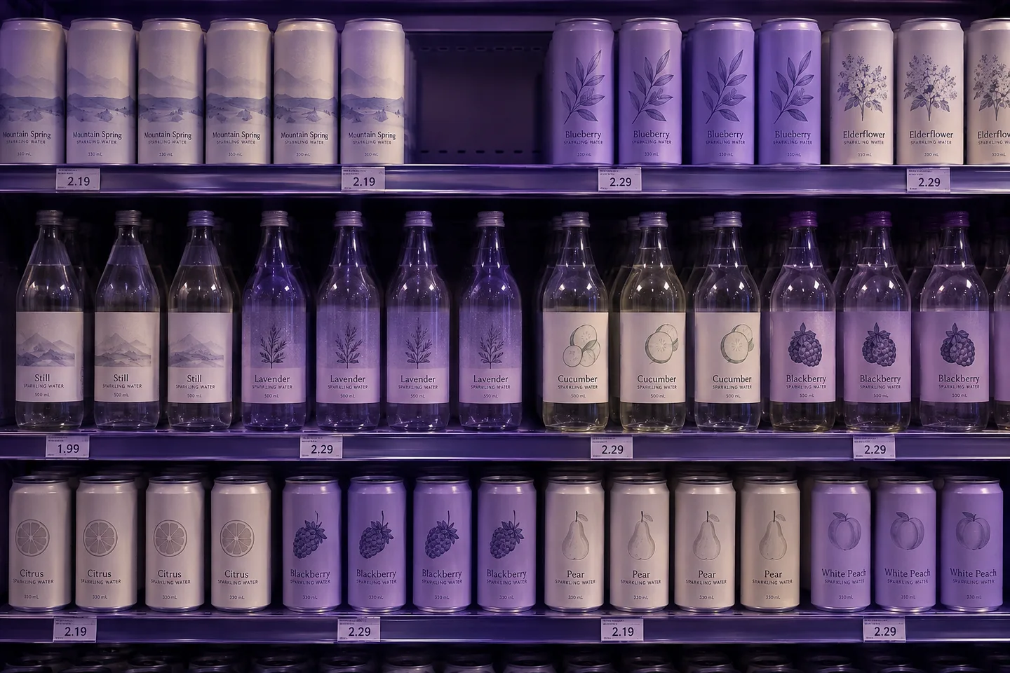 Orderly grocery shelves photographed for retail execution checks.